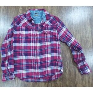Jachs Girlfriend Button Shirt Womens Medium Pink Blue Plaid Long Sleeve Pocket